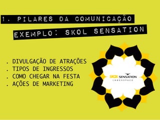 exemplo: skol sensation
. DIVULGAÇÃO DE ATRAÇÕES	
. TIPOS DE INGRESSOS	
. COMO CHEGAR NA FESTA	
. AÇÕES DE MARKETING
1. pilares da comunicação
 
