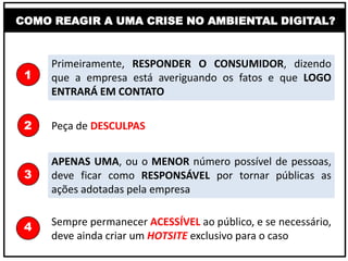 Primeiramente, RESPONDER O CONSUMIDOR, dizendo
que a empresa está averiguando os fatos e que LOGO
ENTRARÁ EM CONTATO
Peça de DESCULPAS
APENAS UMA, ou o MENOR número possível de pessoas,
deve ficar como RESPONSÁVEL por tornar públicas as
ações adotadas pela empresa
Sempre permanecer ACESSÍVEL ao público, e se necessário,
deve ainda criar um HOTSITE exclusivo para o caso
1
2
3
4
COMO REAGIR A UMA CRISE NO AMBIENTAL DIGITAL?
 