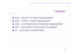 46
Legendas
RPM – RECEIPT & PRICE MANAGEMENT
SCM – SUPPLY CHAIN MANAGEMENT
CRM – CUSTOMER RELATIONSHIP MANAGEMENT
ERP – ENTERPRISE RESOURCES PLANNING
SF – SISTEMAS FINANCEIROS
 