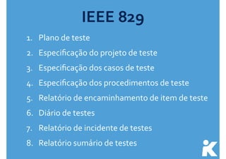 IEEE 
829 
1. Plano 
de 
teste 
2. Especificação 
do 
projeto 
de 
teste 
3. Especificação 
dos 
casos 
de 
teste 
4. Especificação 
dos 
procedimentos 
de 
teste 
5. Relatório 
de 
encaminhamento 
de 
item 
de 
teste 
6. Diário 
de 
testes 
7. Relatório 
de 
incidente 
de 
testes 
8. Relatório 
sumário 
de 
testes 
 