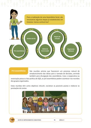16
GESTÃO DE EMPREENDIMENTOS COMUNITÁRIOS MÓDULO 1
Para a realização de uma Assembleia Geral, são
necessárias algumas etapas já estabelecidas em
Estatuto. Vamos conhecê-las?
TÉCNICA
Pré-assembleias
Edital de
Convocação
Regras de
votação
Regimento
Eleitoral
Ordem do Dia
Pré-assembleias São reuniões prévias que favorecem um processo natural de
amadurecimento das ideias para a tomada de decisões, servindo
também para divulgação das assembleias. Caso a cooperativa ou
associação possua a boa prática de OQS, as pré-assembleias podem acontecer nas reuniões
dos grupos organizados.
Estas reuniões têm como objetivos: discutir, socializar as possíveis pautas e elaborar as
prestações de contas.
 