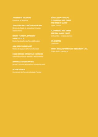 JAIR MESSIAS BOLSONARO
Presidente da República
TEREZA CRISTINA CORRÊA DA COSTA DIAS
Ministra de Estado da Agricultura, Pecuária e
Abastecimento
SERVIÇO FLORESTAL BRASILEIRO
VALDIR COLATTO
Diretor-Geral do Serviço Florestal Brasileiro
JAINE ARIÉLY CUBAS DAVET
Diretora de Cadastro e Fomento Florestal
PAULO HENRIQUE MAROSTEGAN E CARNEIRO
Diretor de Concessão Florestal e Monitoramento
FERNANDO CASTENHEIRA NETO
Gerente Executivo de Fomento e Inclusão Folrestal
VITO ENZO GENESI
Coordenador de Fomento e Inclusão Florestal
DÉBORA SILVA CARVALHO
FLÁVIA REGINA RICO TORRES
TITO NUNES DE CASTRO
Equipe Técnica
FLÁVIA REGINA RICO TORRES
GRACIEMA RANGEL PINAGÉ
Conteudistas e revisoras técnicas
HÉLIO PONTES
Conteudista
AVANTE BRASIL INFORMÁTICA E TREINAMENTO LTDA.
Projeto Gráfico e Ilustração
 