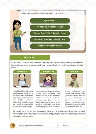 20
GESTÃO DE EMPREENDIMENTOS COMUNITÁRIOS MÓDULO 1
Para o bom funcionamento do Conselho Fiscal, temos:
TÉCNICA
Apoio Técnico
Composição do Conselho Fiscal
Agenda de trabalho do Conselho Fiscal
Regimento Interno do Conselho Fiscal
Pareceres do Conselho Fiscal
Apoio Técnico
Contador (a) Advogado (a) Auditor (a)
O Conselho Fiscal deve ter o direito de fazer consultas a profissionais externos habilitados e
independentes, pagos pela organização, para obter subsídios em matérias de relevância, tais
como:
Éoprofissionalquelidacoma
área financeira, econômica e
patrimonial.Eleéresponsável
técnico pela elaboração das
demonstrações contábeis e
pelo estudo dos elementos
que compõem o patrimônio
monetário das organizações.
Este profissional oferece assessoria
jurídica em situações que
necessitam de maior segurança
jurídica nas atividades praticadas
pela organização. Segurança de que
sejam praticados de modo a não
acarretar penalidades pelo Poder
Público e prejuízos frente a terceiros.
É um profissional que
realiza uma auditoria em
conformidadecomasleisou
regras específicas sobre as
demonstrações contábeis
de uma organização, e que
é independente da entidade
que está sendo auditada.
Os Conselheiros Fiscais que observarem situações de inadequação financeira ou legal
devem contar com uma assessoria técnica externa para apresentar um relatório de auditoria
imparcial e independente.
 
