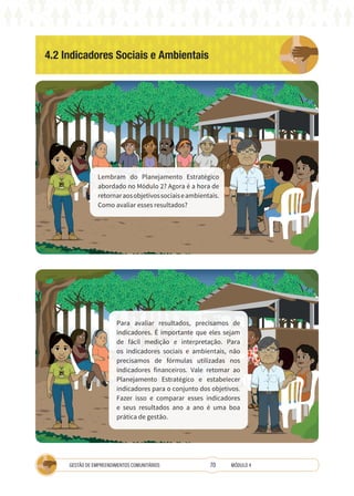 70
GESTÃO DE EMPREENDIMENTOS COMUNITÁRIOS MÓDULO 4
TÉCNICA
TÉCNICA
Lembram do Planejamento Estratégico
abordado no Módulo 2? Agora é a hora de
retornaraosobjetivossociaiseambientais.
Como avaliar esses resultados?
Para avaliar resultados, precisamos de
indicadores. É importante que eles sejam
de fácil medição e interpretação. Para
os indicadores sociais e ambientais, não
precisamos de fórmulas utilizadas nos
indicadores financeiros. Vale retomar ao
Planejamento Estratégico e estabelecer
indicadores para o conjunto dos objetivos.
Fazer isso e comparar esses indicadores
e seus resultados ano a ano é uma boa
prática de gestão.
4.2 Indicadores Sociais e Ambientais
 