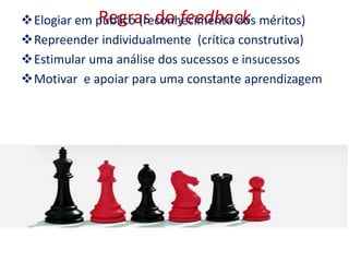Regras do feedbackElogiar em público (reconhecimento dos méritos)
Repreender individualmente (crítica construtiva)
Estimular uma análise dos sucessos e insucessos
Motivar e apoiar para uma constante aprendizagem
 
