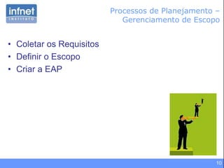 10
• Coletar os Requisitos
• Definir o Escopo
• Criar a EAP
Processos de Planejamento –
Gerenciamento de Escopo
 