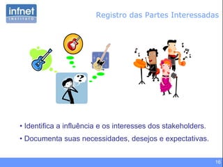 16
• Identifica a influência e os interesses dos stakeholders.
• Documenta suas necessidades, desejos e expectativas.
Registro das Partes Interessadas
 
