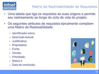 28
• Uma tabela que liga os requisitos às suas origens e permite
seu rastreamento ao longo do ciclo de vida do projeto.
• Os seguintes atributos de requisitos tipicamente compõem
uma Matriz de Rastreabilidade:
– Identificador único;
– Descrição textual;
– Justificativa;
– Proprietário;
– Fonte;
– Versão;
– Prioridade;
– Status e
– Data de conclusão.
Matriz de Rastreabilidade de Requisitos
 