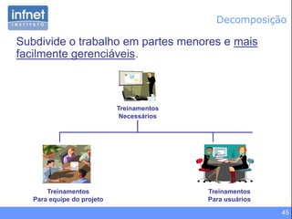 45
Subdivide o trabalho em partes menores e mais
facilmente gerenciáveis.
Treinamentos
Necessários
Treinamentos
Para equipe do projeto
Treinamentos
Para usuários
Decomposição
 