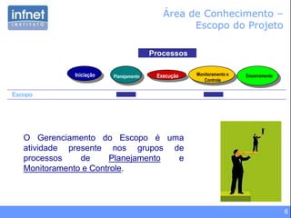 6
Processos
Escopo
Iniciação Planejamento Execução Monitoramento e
Controle
Encerramento
Área de Conhecimento –
Escopo do Projeto
O Gerenciamento do Escopo é uma
atividade presente nos grupos de
processos de Planejamento e
Monitoramento e Controle.
 
