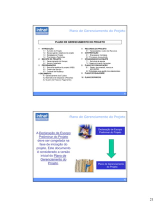 21
PLANO DE GERENCIAMENTO DO PROJETO
Plano de Gerenciamento do Projeto
41
Plano de Gerenciamento do Projeto
Declaração de Escopo
Preliminar do ProjetoA Declaração de Escopo
Preliminar do Projeto
deve ser congelada na
fase de iniciação do
projeto. Este documento
é considerado a versão
inicial do Plano de
G i t d
42
Plano de Gerenciamento
do Projeto
Gerenciamento do
Projeto.
 