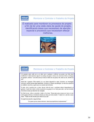 30
Monitorar e Controlar o Trabalho do Projeto
É realizado para monitorar os processos do projeto
a fim de ter uma visão clara da saúde do projeto,
identificando áreas que necessitam de atençãoidentificando áreas que necessitam de atenção
especial e processos que necessitam efetuar
melhorias.
59
Monitorar e Controlar o Trabalho do Projeto
60
 
