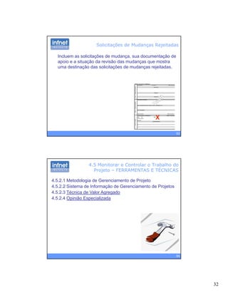32
Solicitações de Mudanças Rejeitadas
Incluem as solicitações de mudança, sua documentação de
apoio e a situação da revisão das mudanças que mostra
uma destinação das solicitações de mudanças rejeitadas.
63
X
4.5 Monitorar e Controlar o Trabalho do
Projeto – FERRAMENTAS E TÉCNICAS
4.5.2.1 Metodologia de Gerenciamento de Projeto
4.5.2.2 Sistema de Informação de Gerenciamento de Projetos
4 5 2 3 Técnica de Valor Agregado4.5.2.3 Técnica de Valor Agregado
4.5.2.4 Opinião Especializada
64
 