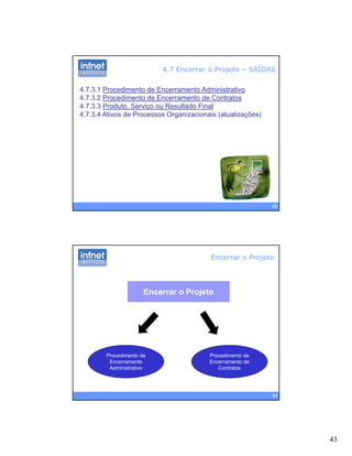 43
4.7 Encerrar o Projeto – SAÍDAS
4.7.3.1 Procedimento de Encerramento Administrativo
4.7.3.2 Procedimento de Encerramento de Contratos
4 7 3 3 Produto Serviço ou Resultado Final4.7.3.3 Produto, Serviço ou Resultado Final
4.7.3.4 Ativos de Processos Organizacionais (atualizações)
85
Encerrar o Projeto
Encerrar o Projeto
86
Procedimento de
Encerramento
Administrativo
Procedimento de
Encerramento de
Contratos
 