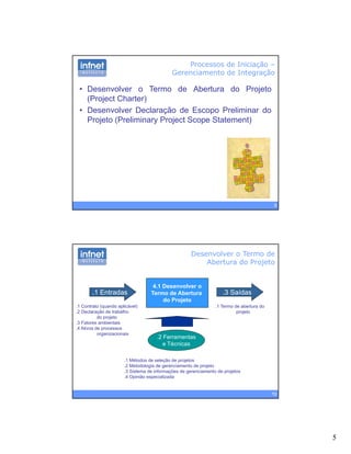 5
Processos de Iniciação –
Gerenciamento de Integração
• Desenvolver o Termo de Abertura do Projeto
(Project Charter)
• Desenvolver Declaração de Escopo Preliminar do
Projeto (Preliminary Project Scope Statement)
9
Desenvolver o Termo de
Abertura do Projeto
4.1 Desenvolver o
Termo de Abertura.1 Entradas .3 Saídas
do Projeto
.1 Contrato (quando aplicável)
.2 Declaração de trabalho
do projeto
.3 Fatores ambientais
.4 Ativos de processos
organizacionais
.2 Ferramentas
e Técnicas
.1 Termo de abertura do
projeto
10
.1 Métodos de seleção de projetos
.2 Metodologia de gerenciamento de projeto
.3 Sistema de informações de gerenciamento de projetos
.4 Opinião especializada
 