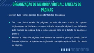 Organização de memória virtual: Tabelas de
Páginas
Existem duas formas básicas de projetar tabelas de páginas:
● Ter uma única tabela de páginas, através de uma matriz de rápidos
registradores de hardware, com uma entrada para cada página virtual, indexada
pelo número da página. Esta é uma solução cara se a tabela de páginas é
grande;
● Manter a tabela de páginas inteiramente na memória principal, sendo que o
hardware precisa de apenas um registrador que aponta para o início da tabela
de páginas.
 