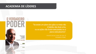 ACADEMIA DE LÍDERES
Vicente Falconi, autor do livro: O
Verdadeiro Poder.
“Se existe um plano de ação e a meta não
é batida, das duas uma,
ou as ações não foram executadas ou o
plano está péssimo”.
 