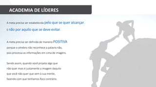 ACADEMIA DE LÍDERES
A meta precisa ser estabelecida pelo que se quer alcançar.
E não por aquilo que se deve evitar.
A meta precisa ser definida de maneira POSITIVA
porque o cérebro não reconhece a palavra não,
pois processa as informações em cima de imagens.
Sendo assim, quando você projeta algo que
não quer mais é justamente a imagem daquilo
que você não quer que vem à sua mente,
fazendo com que tenhamos foco contrário.
 