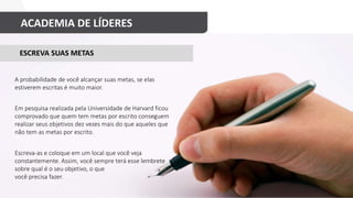 ACADEMIA DE LÍDERES
Escreva-as e coloque em um local que você veja
constantemente. Assim, você sempre terá esse lembrete
sobre qual é o seu objetivo, o que
você precisa fazer.
Em pesquisa realizada pela Universidade de Harvard ficou
comprovado que quem tem metas por escrito conseguem
realizar seus objetivos dez vezes mais do que aqueles que
não tem as metas por escrito.
ESCREVA SUAS METAS
A probabilidade de você alcançar suas metas, se elas
estiverem escritas é muito maior.
 