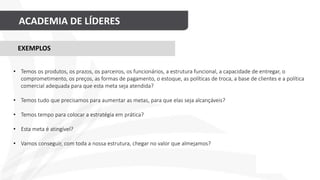 ACADEMIA DE LÍDERES
EXEMPLOS
• Temos os produtos, os prazos, os parceiros, os funcionários, a estrutura funcional, a capacidade de entregar, o
comprometimento, os preços, as formas de pagamento, o estoque, as políticas de troca, a base de clientes e a política
comercial adequada para que esta meta seja atendida?
• Temos tudo que precisamos para aumentar as metas, para que elas seja alcançáveis?
• Temos tempo para colocar a estratégia em prática?
• Esta meta é atingível?
• Vamos conseguir, com toda a nossa estrutura, chegar no valor que almejamos?
 