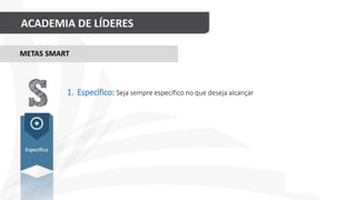 ACADEMIA DE LÍDERES
METAS SMART
Específico
1. Específico: Seja sempre específico no que deseja alcançar
 