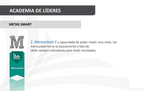 ACADEMIA DE LÍDERES
Mensurável
METAS SMART
2. Mensurável: É a capacidade de poder medir uma meta. Ser
mensurável torna-se basicamente o fato de
obter sempre indicadores para medir resultados.
 