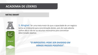 ACADEMIA DE LÍDERES
Atingível
“O IMPOSSÍVEL PODE SER DIVIDIDO EM
VÁRIOS PASSOS POSSÍVEIS”.
METAS SMART
3. Atingível: Ter uma meta maior do que a capacidade de um negócio
torna-se irrelevante para concretização destes, pois de nada adianta
sonhar alto e não ter os recursos necessários para concretizar
determinado objetivo.
 