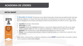 ACADEMIA DE LÍDERES
Tangível
METAS SMART
5. Baseados no tempo: Tempo para iniciar determinada ação e tempo para que determinado meta seja
alcançada. Estipular um tempo limite para estes fatores é primordial para o sucesso de um projeto. Vamos
ver um exemplo de uma empresa que deseja aumentar seu faturamento em 15% em um ano. Logo, temos:
• Específico: Aumentar o faturamento
• Mensurável: em 15%
• Alcançáveis: Dentro da realidade da empresa, o crescimento chega atualmente até 12% ao ano, deste
modo é possível chegar aos 15% com ações de marketing e criação de novos produtos por exemplo.
• Relevante: 15% representará o maior faturamento da empresa nos últimos 5 anos.
• Tempo: Iniciar o processo para alcançar a meta em novembro deste ano e determinar o prazo de 1 ano
para atingi-la.
Deste modo, ao desmembrar os objetivos utilizando as metas SMART é possível obter uma melhor visão de
como e quando as metas serão atingidas.
 