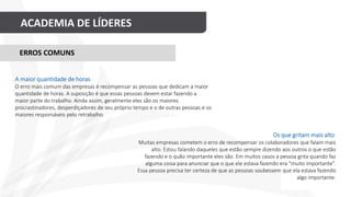 ACADEMIA DE LÍDERES
Os que gritam mais alto
Muitas empresas cometem o erro de recompensar os colaboradores que falam mais
alto. Estou falando daqueles que estão sempre dizendo aos outros o que estão
fazendo e o quão importante eles são. Em muitos casos a pessoa grita quando faz
alguma coisa para anunciar que o que ele estava fazendo era “muito importante”.
Essa pessoa precisa ter certeza de que as pessoas soubessem que ela estava fazendo
algo importante.
ERROS COMUNS
A maior quantidade de horas
O erro mais comum das empresas é recompensar as pessoas que dedicam a maior
quantidade de horas. A suposição é que essas pessoas devem estar fazendo a
maior parte do trabalho. Ainda assim, geralmente eles são os maiores
procrastinadores, desperdiçadores de seu próprio tempo e o de outras pessoas e os
maiores responsáveis pelo retrabalho.
 