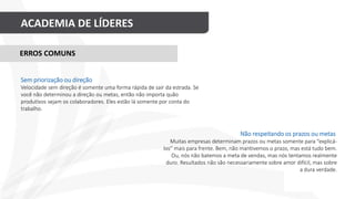 ACADEMIA DE LÍDERES
Não respeitando os prazos ou metas
Muitas empresas determinam prazos ou metas somente para “explicá-
los” mais para frente. Bem, não mantivemos o prazo, mas está tudo bem.
Ou, nós não batemos a meta de vendas, mas nós tentamos realmente
duro. Resultados não são necessariamente sobre amor difícil, mas sobre
a dura verdade.
ERROS COMUNS
Sem priorização ou direção
Velocidade sem direção é somente uma forma rápida de sair da estrada. Se
você não determinou a direção ou metas, então não importa quão
produtivos sejam os colaboradores. Eles estão lá somente por conta do
trabalho.
 
