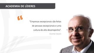 ACADEMIA DE LÍDERES
“Empresas excepcionais são feitas
de pessoas excepcionais e uma
cultura de alto desempenho”.
Vicente Falconi
 