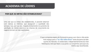 ACADEMIA DE LÍDERES
O que a empresa espera do funcionário passa a ser claro e não existe
mais espaço para o "eu não sabia disso" tanto da parte do líder
quanto do liderado. O colaborador, independentemente do nível
hierárquico, terá que fazer a sua parte e se empenhar para que seu
mérito seja reconhecido.
POR QUE AS METAS SÃO ESTABELECIDAS?
Uma vez que as metas são estabelecidas, é possível observar
com clareza as métricas que asseguram a qualidade dos
serviços. Isso, por sua vez, impacta diretamente no aumento da
satisfação do cliente externo e as chances de crescimento do
negócio tornam-se mais expressivas.
 