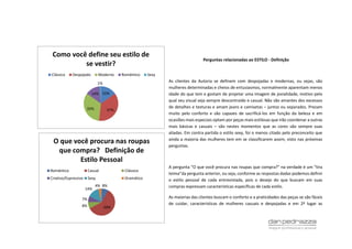 Perguntas relacionadas ao ESTILO - Definição
As clientes da Autoria se definem com despojadas e modernas, ou sejas, são
mulheres determinadas e cheios de entusiasmos, normalmente aparentam menos
idade do que tem e gostam de projetar uma imagem de jovialidade, motivo pelo
qual seu visual seja sempre descontraído e casual. Não são amantes dos excessos
de detalhes e texturas e amam jeans e camisetas – juntos ou separados. Prezam
muito pelo conforto e são capazes de sacrificá-los em função da beleza e em
ocasiões mais especiais optam por peças mais estilosas que irão coordenar a outras
mais básicas e casuais – são nestes momentos que as cores são sempre suas
aliadas. Em contra partida o estilo sexy, foi o menos citado pelo preconceito que
ainda a maioria das mulheres tem em se classificarem assim, visto nas próximas
perguntas.
A pergunta “O que você procura nas roupas que compra?” na verdade é um “tira
teima”da pergunta anterior, ou seja, conforme as respostas dadas podemos definir
o estilo pessoal de cada entrevistada, pois o desejo do que buscam em suas
compras expressam características específicas de cada estilo.
As maiorias das clientes buscam o conforto e a praticidades das peças se são fáceis
de cuidar, características de mulheres casuais e despojadas e em 2ª lugar as
15%
37%33%
14%
1%
Como você define seu estilo de
se vestir?
Clássico Despojado Moderno Romântico Sexy
8%
59%8%
7%
14%
4%
O que você procura nas roupas
que compra? Definição de
Estilo Pessoal
Romântico Casual Clássico
Criativo/Expressivo Sexy Dramático
 