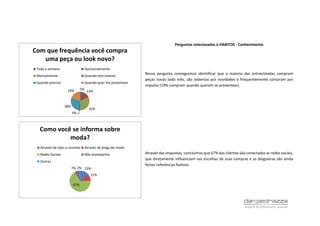 Perguntas relacionadas à HABITOS - Conhecimento
Nessa pergunta conseguimos identificar que a maioria das entrevistadas compram
peças novas todo mês, são sedentas por novidades e frequentemente compram por
impulso (19% compram quando querem se presentear).
Através das respostas, concluímos que 67% das clientes são conectadas as redes sociais,
que diretamente influenciam nas escolhas de suas compras e as blogueiras são ainda
fortes referências fashion.
5%
13%
32%
3%
28%
19%
Com que frequência você compra
uma peça ou look novo?
Toda a semana Quinzenalmente
Mensalmente Quando tem evento
Quando precisa Quando quer lhe presentear
13%
11%
67%
7% 2%
Como você se informa sobre
moda?
Através de sites e revistas Através de blogs de moda
Redes Sociais Não acompanha
Outros
 