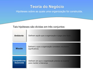 Definem aquilo que a organização é paga para fazer.
Definem o que a organização considera resultados
significativos.
Definem em que a organização precisa se superar
para manter a liderança.
Teoria do Negócio
Ambiente
Competências
Essenciais
Missão
Hipóteses sobre as quais uma organização foi construída.
Tais hipóteses são dividas em três conjuntos:
 