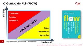 O Campo do Fluir (FLOW)
Mihali Csikszentmihalyi “Flow: the psycology of optimal experience”
Desafios
Habilidades
Tédio
Desinteresse
Depressão
Ansiedade
Estresse
Depressão
20
professor Daniel de Carvalho Luz | daniel.luz@cpspos.sp.gov.br| whatsApp 15 9 9126 5571
 