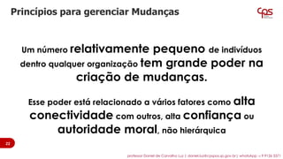 Princípios para gerenciar Mudanças
Um número relativamente pequeno de indivíduos
dentro qualquer organização tem grande poder na
criação de mudanças.
Esse poder está relacionado a vários fatores como alta
conectividade com outros, alta confiança ou
autoridade moral, não hierárquica
22
professor Daniel de Carvalho Luz | daniel.luz@cpspos.sp.gov.br| whatsApp 15 9 9126 5571
 