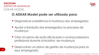 O ADKAR Model pode ser utilizado para:
▪ Diagnosticar a resistência à mudança dos empregados;
▪ Ajudar a transição dos empregados no processo de
mudança;
▪ Criar um plano de ação eficaz para o avanço pessoal e
profissional durante a iniciativa de mudança;
▪ Desenvolver um plano de gestão de mudanças para os
seus empregados.
ADKAR MODEL
DISCIPLINA
GESTÃO DE MUDANÇAS
3636
professor Daniel de Carvalho Luz | daniel.luz@cpspos.sp.gov.br| whatsApp 15 9 9126 5571
 