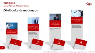 Obstáculos às mudanças
Medo do
desconhecido
Resistência dos
empregados Por causa da
perda de poder
ou envolvimento
limitado no projeto
Resistência da
média gerência Sem suporte visível
e ativo
Liderança
inadequada
Ofuscado pelo
trabalho diário e
responsabilidades
Limite de tempo
e recursos
7
7
DISCIPLINA
GESTÃO DE MUDANÇAS
7
professor Daniel de Carvalho Luz | daniel.luz@cpspos.sp.gov.br| whatsApp 15 9 9126 5571
 