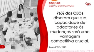 76% dos CEOs
disseram que sua
capacidade de
adaptar-se às
mudanças será uma
vantagem
competitiva crucial.
Fonte PWC - 20198
DISCIPLINA
GESTÃO DE MUDANÇAS
8
professor Daniel de Carvalho Luz | daniel.luz@cpspos.sp.gov.br| whatsApp 15 9 9126 5571
 