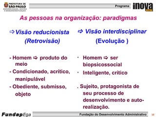 As pessoas na organização: paradigmas  Visão reducionista (Retrovisão) - Homem    produto do meio - Condicionado, acrítico,  manipulável - Obediente, submisso,  objeto    Visão interdisciplinar (Evolução )  Homem    ser biopsicossocial Inteligente, crítico . Sujeito, protagonista de seu processo de desenvolvimento e auto-realização. 