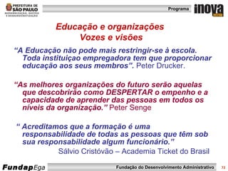 Educação e organizações  Vozes e visões “ A Educação não pode mais restringir-se à escola. Toda instituiçao empregadora tem que proporcionar educação aos seus membros”.  Peter Drucker. “ As melhores organizações do futuro serão aquelas que descobrirão como DESPERTAR o empenho e a capacidade de aprender das pessoas em todos os níveis da organização.”  Peter Senge “  Acreditamos que a formação é uma responsabilidade de todas as pessoas que têm sob sua responsabilidade algum funcionário.”  Sálvio Cristóvão – Academia Ticket do Brasil 