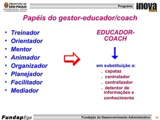 Papéis do gestor-educador/coach Treinador Orientador  Mentor Animador Organizador Planejador Facilitador  Mediador EDUCADOR-  COACH  em substituição a: .  capataz .  controlador .  centralizador .  detentor de  informações e conhecimento  
