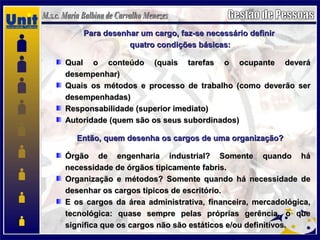 Para desenhar um cargo, faz-se necessário definirPara desenhar um cargo, faz-se necessário definir
quatro condições básicas:quatro condições básicas:
Qual o conteúdo (quais tarefas o ocupante deveráQual o conteúdo (quais tarefas o ocupante deverá
desempenhar)desempenhar)
Quais os métodos e processo de trabalho (como deverão serQuais os métodos e processo de trabalho (como deverão ser
desempenhadas)desempenhadas)
Responsabilidade (superior imediato)Responsabilidade (superior imediato)
Autoridade (quem são os seus subordinados)Autoridade (quem são os seus subordinados)
Então, quem desenha os cargos de uma organização?Então, quem desenha os cargos de uma organização?
Órgão de engenharia industrial? Somente quando háÓrgão de engenharia industrial? Somente quando há
necessidade de órgãos tipicamente fabris.necessidade de órgãos tipicamente fabris.
Organização e métodos? Somente quando há necessidade deOrganização e métodos? Somente quando há necessidade de
desenhar os cargos típicos de escritório.desenhar os cargos típicos de escritório.
E os cargos da área administrativa, financeira, mercadológica,E os cargos da área administrativa, financeira, mercadológica,
tecnológica: quase sempre pelas próprias gerência, o quetecnológica: quase sempre pelas próprias gerência, o que
significa que os cargos não são estáticos e/ou definitivos.significa que os cargos não são estáticos e/ou definitivos.
 