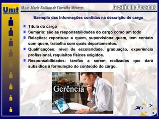 Exemplo das Informações contidas na descrição de cargoExemplo das Informações contidas na descrição de cargo
Titulo do cargoTitulo do cargo
Sumário: são as responsabilidades do cargo como um todoSumário: são as responsabilidades do cargo como um todo
Relações: reporta-se a quem, supervisiona quem, tem contatoRelações: reporta-se a quem, supervisiona quem, tem contato
com quem, trabalha com quais departamentos.com quem, trabalha com quais departamentos.
Qualificações: nível de escolaridade, graduação, experiênciaQualificações: nível de escolaridade, graduação, experiência
profissional, requisitos físicos exigidos.profissional, requisitos físicos exigidos.
Responsabilidades: tarefas a serem realizadas que daráResponsabilidades: tarefas a serem realizadas que dará
subsídios à formulação do conteúdo do cargo.subsídios à formulação do conteúdo do cargo.
 