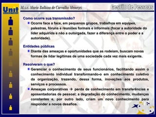 Como ocorre sua transmissão?Como ocorre sua transmissão?
Ocorre face a face, em pequenos grupos, trabalhos em equipes,Ocorre face a face, em pequenos grupos, trabalhos em equipes,
palestras, fóruns e reuniões formais e informais (focar a autoridade dopalestras, fóruns e reuniões formais e informais (focar a autoridade do
líder adquirida e não a outorgada, fazer a diferença entre o poder e alíder adquirida e não a outorgada, fazer a diferença entre o poder e a
autoridade).autoridade).
Entidades públicasEntidades públicas
Diante das ameaças e oportunidades que as rodeiam, buscam novasDiante das ameaças e oportunidades que as rodeiam, buscam novas
formas de lidar legitimas de uma sociedade cada vez mais exigente.formas de lidar legitimas de uma sociedade cada vez mais exigente.
Resolveram o que?Resolveram o que?
Gerenciar o conhecimento de seus funcionários, facilitando assim oGerenciar o conhecimento de seus funcionários, facilitando assim o
conhecimento individual transformando-o em conhecimento coletivoconhecimento individual transformando-o em conhecimento coletivo
da organização, trazendo, dessa forma, inovações aos produtos,da organização, trazendo, dessa forma, inovações aos produtos,
serviços e processos.serviços e processos.
Ameaças corporativasAmeaças corporativas  perda de conhecimento em transferências eperda de conhecimento em transferências e
aposentadorias de pessoal; a degradação do conhecimento, mudançasaposentadorias de pessoal; a degradação do conhecimento, mudanças
constantes e, por outro lado, criam um novo conhecimento paraconstantes e, por outro lado, criam um novo conhecimento para
responder a novos desafios.responder a novos desafios.
 
