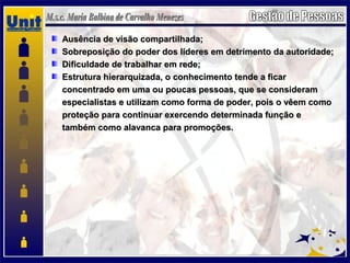Ausência de visão compartilhada;Ausência de visão compartilhada;
Sobreposição do poder dos líderes em detrimento da autoridade;Sobreposição do poder dos líderes em detrimento da autoridade;
Dificuldade de trabalhar em rede;Dificuldade de trabalhar em rede;
Estrutura hierarquizada, o conhecimento tende a ficarEstrutura hierarquizada, o conhecimento tende a ficar
concentrado em uma ou poucas pessoas, que se consideramconcentrado em uma ou poucas pessoas, que se consideram
especialistas e utilizam como forma de poder, pois o vêem comoespecialistas e utilizam como forma de poder, pois o vêem como
proteção para continuar exercendo determinada função eproteção para continuar exercendo determinada função e
também como alavanca para promoções.também como alavanca para promoções.
 