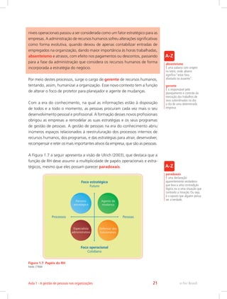níveis operacionais passou a ser considerada como um fator estratégico para as
empresas. A administração de recursos humanos sofreu alterações significativas
como forma evolutiva, quando deixou de apenas contabilizar entradas de
empregados na organização, dando maior importância às horas trabalhadas,
absenteísmo e atrasos, com efeito nos pagamentos ou descontos, passando
para a fase da administração que considera os recursos humanos de forma
incorporada a estratégia do negócio.
Por meio destes processos, surge o cargo de gerente de recursos humanos,
tentando, assim, humanizar a organização. Esse novo contexto tem a função
de alterar o foco de protetor para planejador e agente de mudanças.
Com a era do conhecimento, na qual as informações estão à disposição
de todos e a todo o momento, as pessoas procuram cada vez mais o seu
desenvolvimento pessoal e profissional. A formação desses novos profissionais
obrigou as empresas a remodelar as suas estratégias e os seus programas
de gestão de pessoas. A gestão de pessoas na era do conhecimento abriu
inúmeros espaços relacionados á reestruturação dos processos internos de
recursos humanos, dos programas, e das estratégias para atrair, desenvolver,
recompensar e reter os mais importantes ativos da empresa, que são as pessoas.
A Figura 1.7 a seguir apresenta a visão de Ulrich (2003), que destaca que a
função de RH deve assumir a multiplicidade de papéis operacionais e estra-
tégicos, mesmo que eles possam parecer paradoxais.
Figura 1.7: Papéis do RH
Fonte: CTISM
paradoxais
É uma declaração
aparentemente verdadeira
que leva a uma contradição
lógica, ou a uma situação que
contradiz a intuição. Ou seja,
é o oposto que alguém pensa
ser a verdade.
absenteísmo
É uma palavra com origem
no latim, onde absens
significa “estar fora,
afastado ou ausente”.
gerente
É o responsável pelo
planejamento e controle da
execução dos trabalhos de
seus subordinados no dia
a dia de uma determinada
empresa.
e-Tec Brasil
Aula 1 - A gestão de pessoas nas organizações 21
 