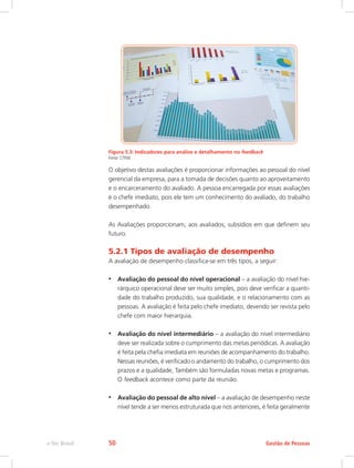 Figura 5.3: Indicadores para análise e detalhamento no feedback
Fonte: CTISM
O objetivo destas avaliações é proporcionar informações ao pessoal do nível
gerencial da empresa, para a tomada de decisões quanto ao aproveitamento
e o encarceramento do avaliado. A pessoa encarregada por essas avaliações
é o chefe imediato, pois ele tem um conhecimento do avaliado, do trabalho
desempenhado.
As Avaliações proporcionam, aos avaliados, subsídios em que definem seu
futuro.
5.2.1 Tipos de avaliação de desempenho
A avaliação de desempenho classifica-se em três tipos, a seguir:
•	 Avaliação do pessoal do nível operacional – a avaliação do nível hie-
rárquico operacional deve ser muito simples, pois deve verificar a quanti-
dade do trabalho produzido, sua qualidade, e o relacionamento com as
pessoas. A avaliação é feita pelo chefe imediato, devendo ser revista pelo
chefe com maior hierarquia.
•	 Avaliação do nível intermediário – a avaliação do nível intermediário
deve ser realizada sobre o cumprimento das metas periódicas. A avaliação
é feita pela chefia imediata em reuniões de acompanhamento do trabalho.
Nessas reuniões, é verificado o andamento do trabalho, o cumprimento dos
prazos e a qualidade, Também são formuladas novas metas e programas.
O feedback acontece como parte da reunião.
•	 Avaliação do pessoal de alto nível – a avaliação de desempenho neste
nível tende a ser menos estruturada que nos anteriores, é feita geralmente
Gestão de Pessoas
e-Tec Brasil 50
 