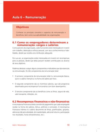 e-Tec Brasil
Aula 6 – Remuneração
Objetivos
Conhecer os principais conceitos e aspectos da remuneração e
benefícios, bem como sua aplicabilidade nas organizações.
6.1 Como os empregadores determinam a
remuneração: cargos e salários
Como parceiro da organização, cada funcionário está interessado em investir
com trabalho, dedicação e esforço pessoal, com seus conhecimentos e habi-
lidades, desde que receba uma retribuição adequada.
Por sua vez, as organizações estão interessadas em investir em recompensas
para as pessoas, desde que delas possam receber contribuições ao alcance
de seus objetivos.
Podemos destacar a seguir alguns componentes e indicadores que são essenciais
na remuneração. Os três componentes da remuneração total:
•	 O primeiro componente da remuneração total é a remuneração básica,
que é o salário mensal ou na forma de salário por hora.
•	 O segundo componente são os incentivos salariais, que são programas
desenhados para recompensar funcionários com bom desempenho.
•	 O terceiro componente são os benefícios como as férias, seguro de vida,
vale transporte, refeições, etc.
6.2 Recompensas financeiras e não-financeiras
A recompensa financeira direta consiste do pagamento que cada empregado
recebe na forma de salários, bônus, prêmios e comissões. A recompensa
financeira indireta é o salário decorrente de férias, gratificações, gorjetas,
adicionais (de periculosidade, de insalubridade, adicional noturno, participação
nos resultados, horas extraordinárias, etc.).
e-Tec Brasil
Aula 6 - Remuneração 53
 
